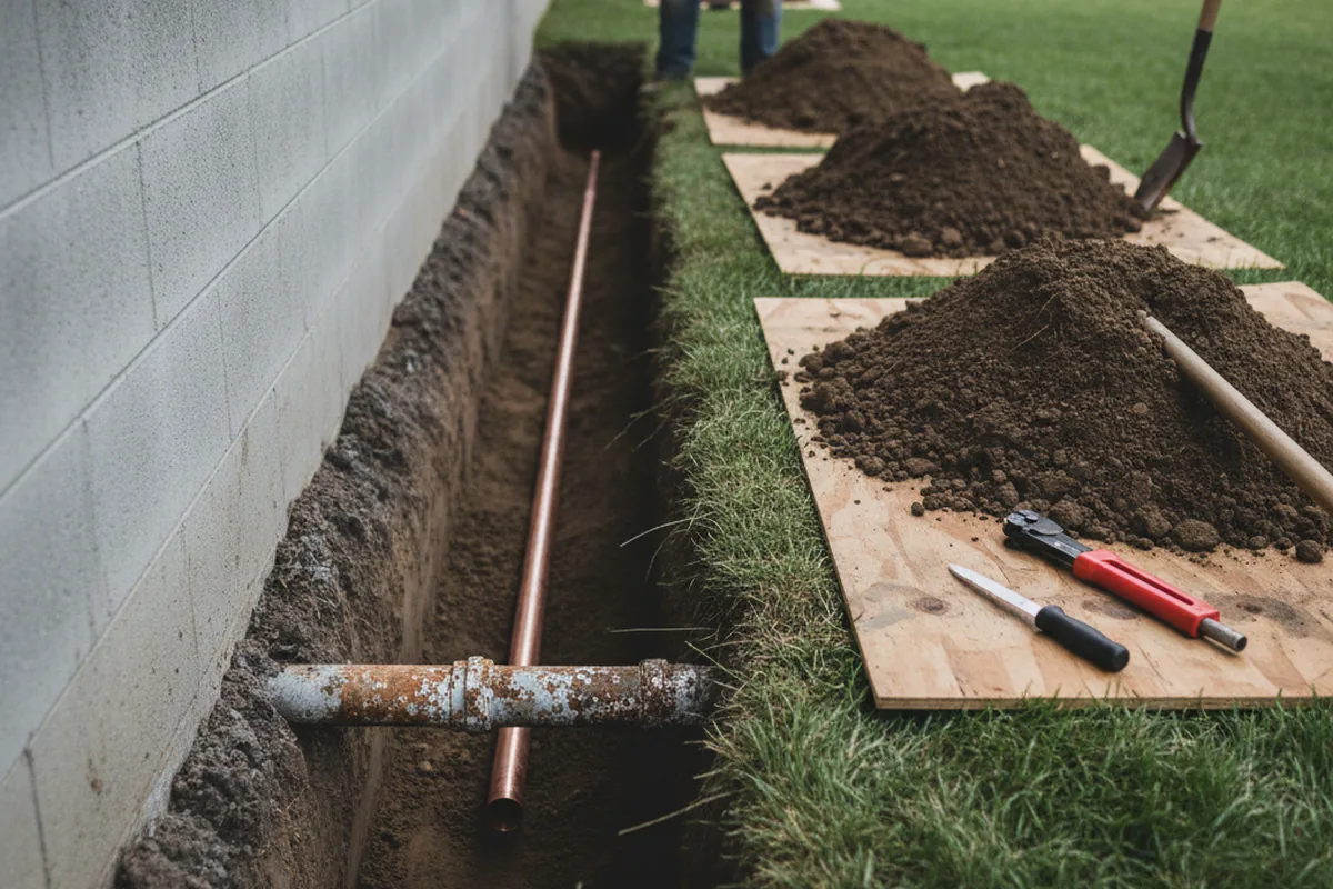Excavated water line trench during Water Softener Installation in Jefferson